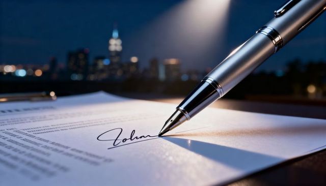 Executive signing contract with silver fountain pen under desk lamp, city skyline bokeh
