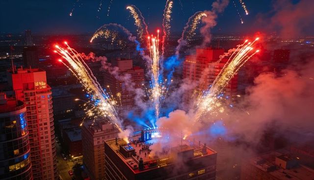 Rooftop fireworks spectacle igniting neon nightlife over downtown high-rise stage
