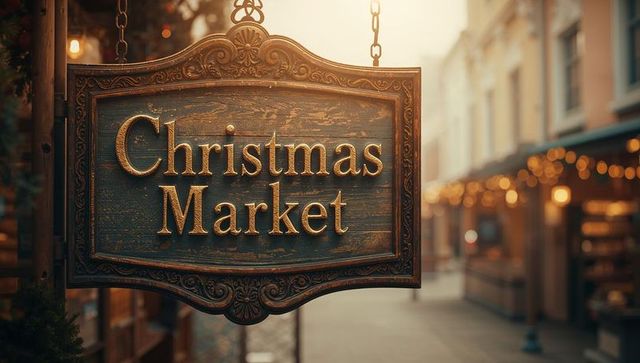 Ornate wooden christmas market sign in festive market square