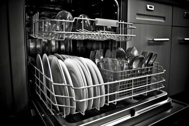This image features an open dishwasher loaded with clean plates, glasses, and cutlery in a contemporary kitchen setting. Ideal for content related to home appliances, kitchen organization, modern living, and household chores. Can be used in articles, blog posts, advertisements, and web pages promoting kitchen products and efficient cleaning devices.