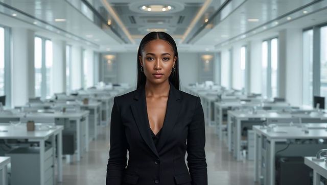 Confident businesswoman standing in modern open-plan office, executive leadership portrait
