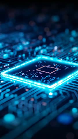 Tilting and Zooming on Neon Blue Microchip and PCB Traces Vertical Macro Tech Video