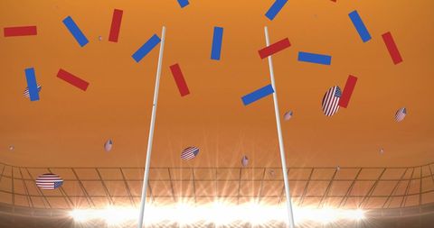 Celebration with american flag rugby balls in stadium