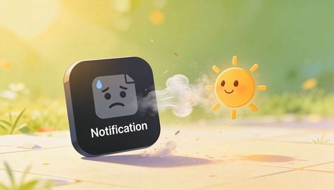 Smiling sun blowing gust at glossy notification button, playful alert distraction concept