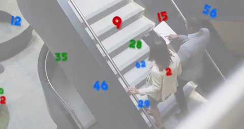 Business Professionals Using Mobile Technology on Staircase for Data Analysis