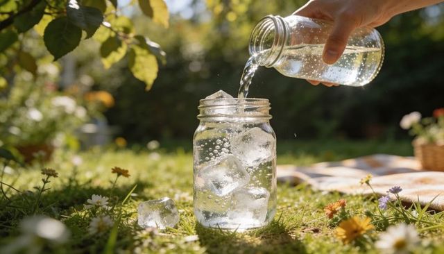 Pouring sparkling water into mason jar with ice on sunlit picnic lawn