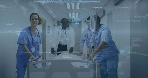 Medical team pushing patient on gurney through hospital corridor with digital HUD overlay