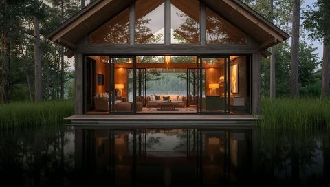 Modern Aframe Lakeside Cabin with Glass Walls Reflecting Twilight over Calm Lake