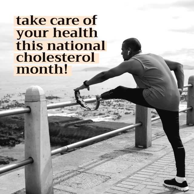Highlighting an athletic disabled African American man exercising, encouraging health awareness for National Cholesterol Month. Perfect for wellness campaigns, health promotions, and fitness programs focusing on inclusive representation and health consciousness.