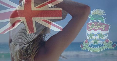 Woman in Swimwear Holds Sunhat on Beach with National Symbols