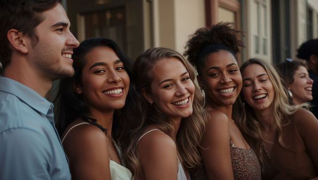 Sunlit Diverse Friends Smiling and Laughing on Urban Sidewalk Casual Group Portrait