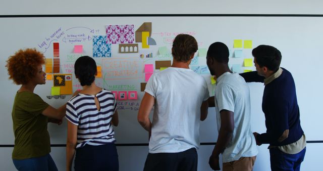 Diverse group of young professionals collaborating on creative strategy board with colorful post-it notes. Perfect for illustrating teamwork, brainstorming sessions, and office dynamics in creative industries.