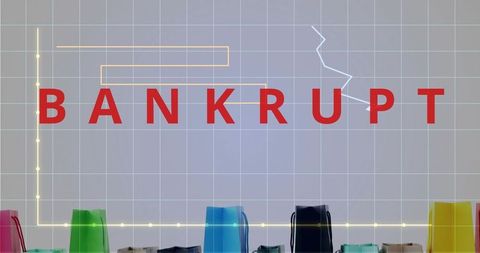 Bold red bankrupt over falling retail graph with shopping bags illustrating bankruptcy