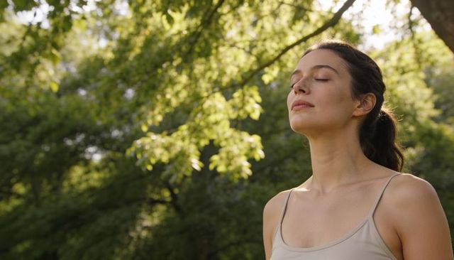 Serene woman practicing mindful breathing under sunlit tree canopy for wellness and calm