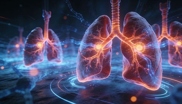 Futuristic holographic lungs with glowing trachea and pulmonary network in virtual lab