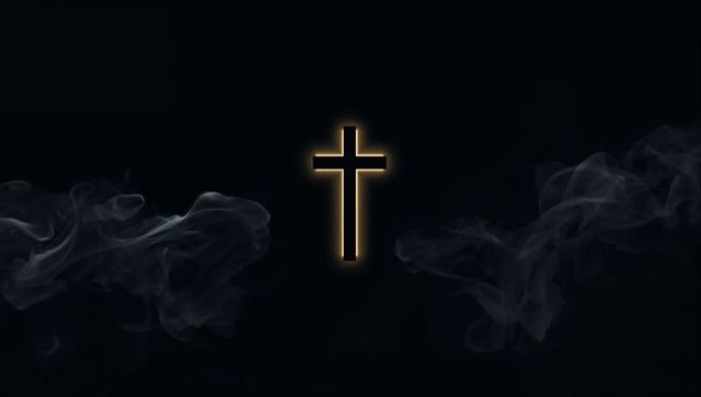 Glowing latin cross emitting golden halo with dramatic smoke plumes dark void minimalist