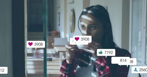 Woman Enjoying Coffee with Rising Social Media Engagement