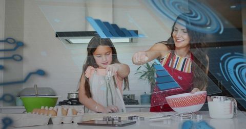 Mother and daughter baking with augmented reality overlays in bright modern kitchen
