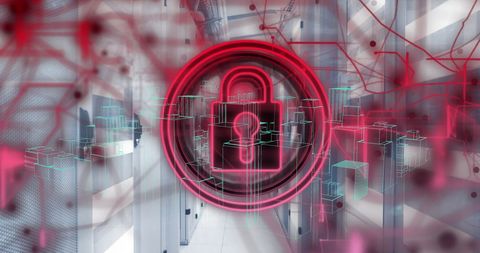 Cybersecurity Concept with Padlock Icon over Digital Cityscape