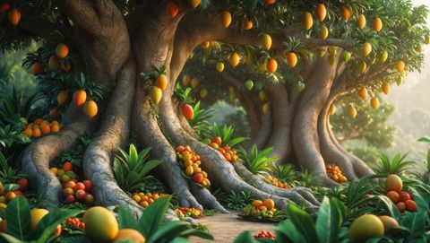 Enchanting fruit tree orchard with lush multicolored harvest, garden of eden concept
