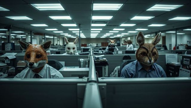 Business professionals in animal masks exploring modern workplace