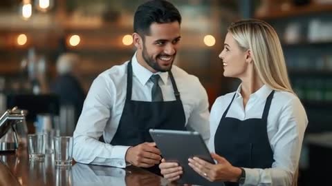 Smiling Baristas Reviewing Digital Orders on Tablet Behind Busy Cafe Counter