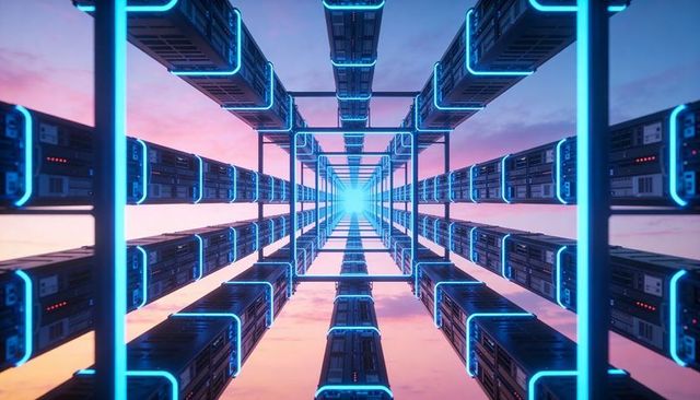 Central server rack tunnel stretching toward neon portal at sunset sky, futuristic hub