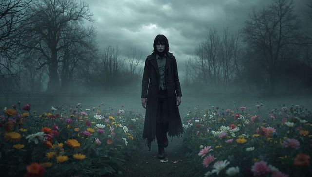 Walking woman in long dark trench coat through misty wildflower meadow cinematic solitude