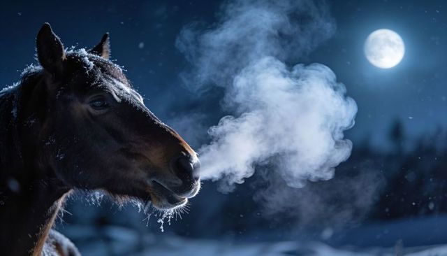 Horse exhaling frosty moonlit breath over snowy forest landscape winter mane vapor