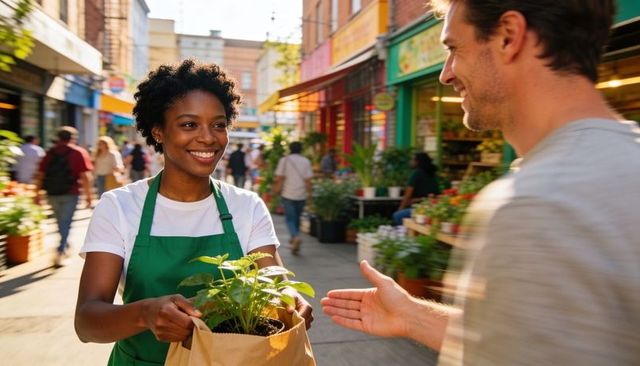 Smiling market vendor handing potted plant to shopper on vibrant sunny urban street