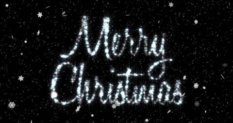 Sparkling merry christmas text with falling snowflakes