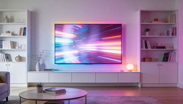 Wall-mounted tv casting rgb backlight glow in minimalist living room neon light streaks