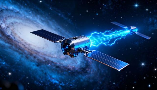 Futuristic satellite firing blue plasma beam toward spiral galaxy with solar arrays