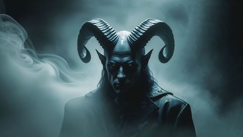 Satan in misty enigmatic surrounding with curved horns