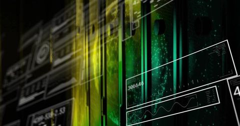 Futuristic green server rack displaying hud overlays and telemetry waveforms