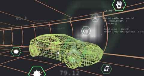 Green wireframe car model in futuristic digital interface