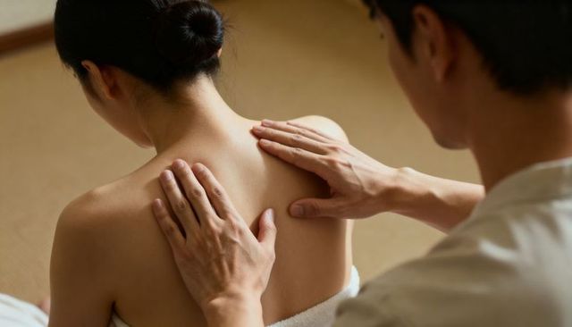 Asian woman receiving relaxing upper back massage from therapist on tatami mat