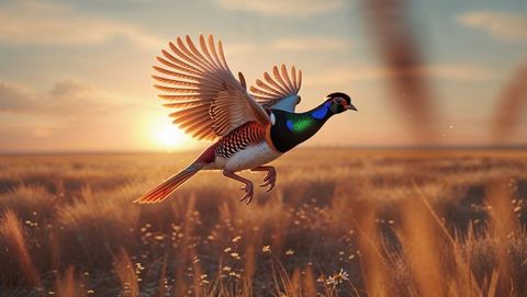 Majestic pheasant animal gliding over golden grasses at sunset