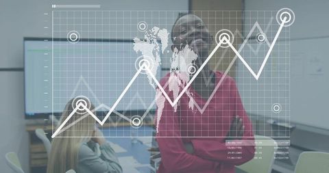 Business leader presenting global data overlay and upward growth chart in boardroom