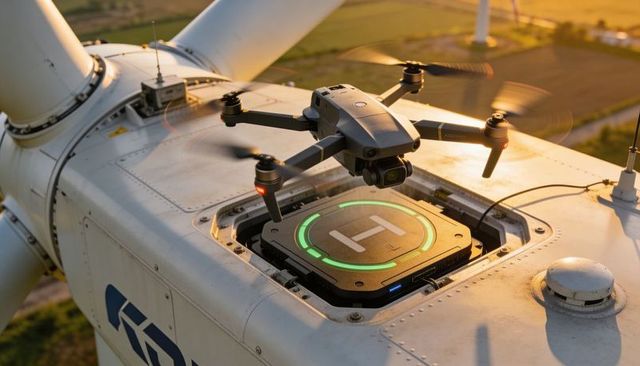 Hovering inspection drone approaching illuminated landing pad on wind turbine nacelle at sunset