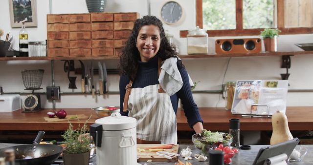 Female chef in rustic kitchen preparing fresh ingredients, showcasing culinary techniques. Ideal for food blogs, cooking tutorials, kitchen decor inspiration, health and wellness content.