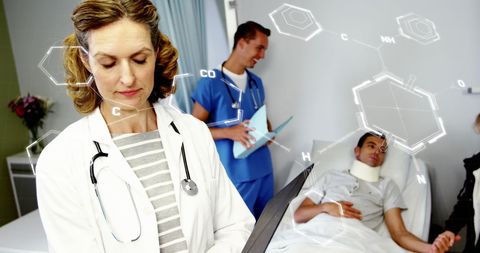 Doctor Reviewing Medical Reports in Hospital with Chemical Structures Overlay - Download Free Stock Images Pikwizard.com
