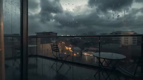 Storm rolling over city from wet balcony at dusk with raindrops on glass and bistro chairs