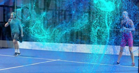 Teal energy burst sweeping indoor blue court with two athletes pausing and listening