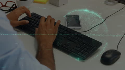 Global Data Network and Businessman Working on Computer