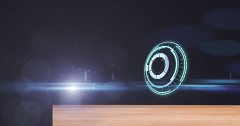 Holographic Interface Above Wooden Tabletop with Lens Flare