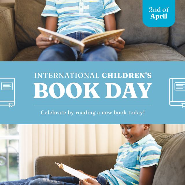 Composition of international children's book day text with african american boy reading book - Download Free Stock Videos Pikwizard.com