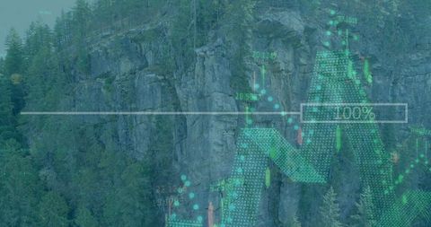 Financial graph overlay on mountain slope symbolizing eco-tech growth