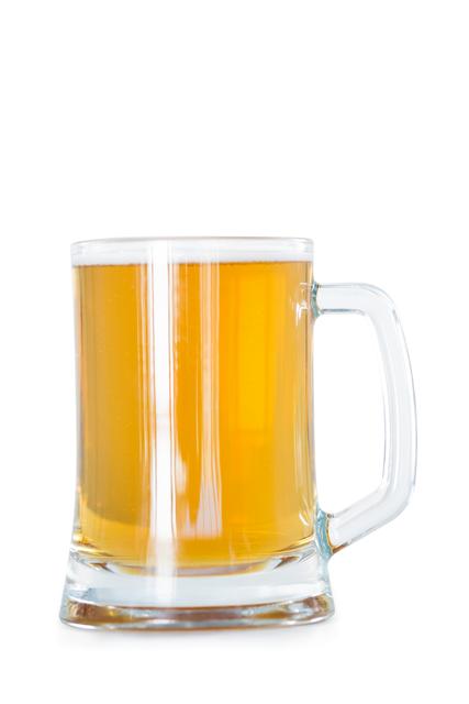 This image shows a close-up of a beer mug filled with golden beer against a white background. The clear glass mug with a handle highlights the refreshing beverage, making it perfect for use in advertisements for bars, pubs, breweries, or any promotional material related to alcoholic beverages. It can also be used in articles or blogs about beer, brewing, or social drinking.