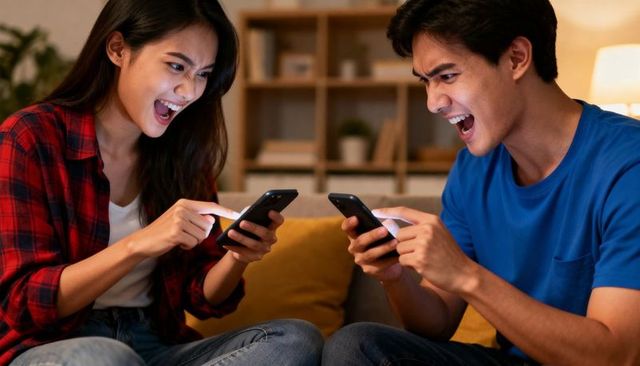 Young couple competing on smartphones, laughing and tapping during cozy game night